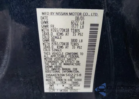 2006 Nissan Titan Se z USA, uszkodzony, nr VIN 1N6AA07B36N502258